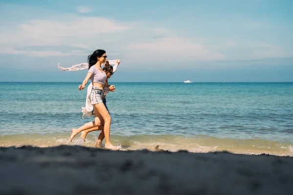 Two Happy Women Running Raised Arms Sandy Beach People Enjoying — Stockfoto