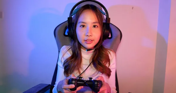 Winner Gamer Portrait Young Woman Wearing Headphones Playing Computer Game — Foto de Stock