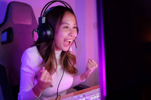 Winner Gamer Portrait Young Woman Wearing Headphones Playing Computer Game — Stock Photo, Image