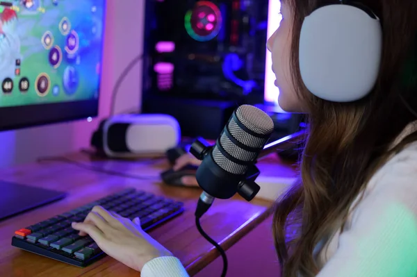 Young Female Game Streamer Playing Online Game Computer Home Gamer — 스톡 사진