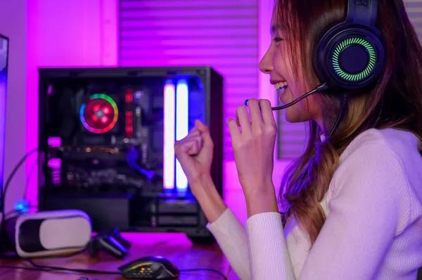 Winner Gamer Portrait Young Woman Wearing Headphones Playing Computer Game — Foto de Stock