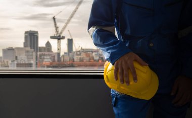Engineer worker at building construction site, Safety first equipment for worker