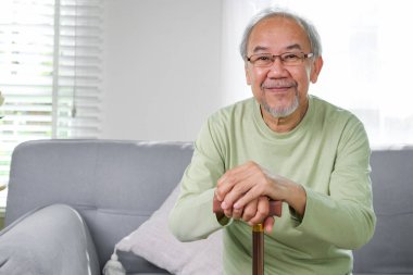 Senior portrait, Senior holding walking stick, Happy senior portrait indoor looking camera