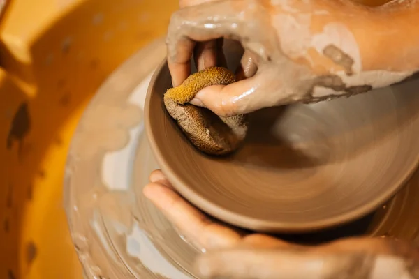 Close Skillful Hands Making Sculpting Pottery Jar Potter Wheel Tools —  Fotos de Stock