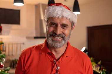 Portrait person in Christmas theme. People with red hat wearing Christmas clothes theme