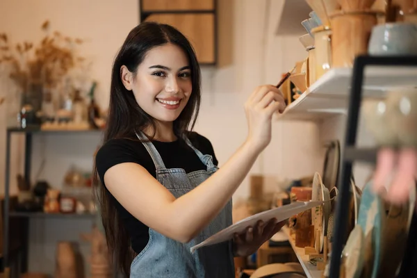 Portrait Business Owner Confident Woman Checking List Product Store — Stok fotoğraf