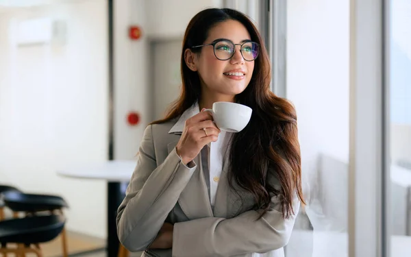 Smiling Portrait Beautiful Businesswoman Cup Coffee Standing Office Confident Woman — Fotografia de Stock