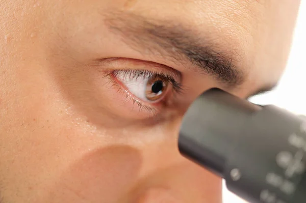 Close Eye Professional Male Scientist Looking Microscope Laboratory Smart Scientist — Fotografia de Stock