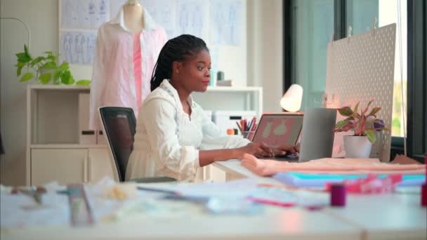Happy Female Dressmaker Working Workshop Female Tailor Fashion Designer Checking — Stock video