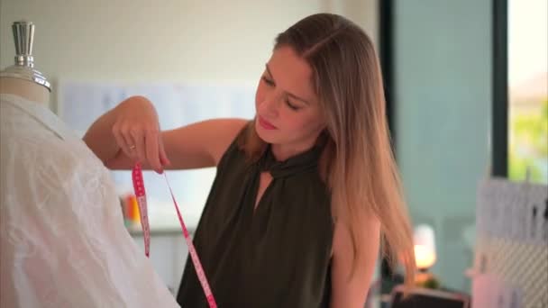 Happy Female Dressmaker Working Workshop Female Tailor Fashion Designer Checking — Stockvideo