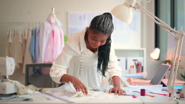Happy Female Dressmaker Working Workshop Female Tailor Fashion Designer Checking — Stock video