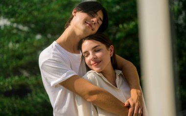 Couple of romantic young people spending time together on weekend at home, Boyfriend and girlfriend portrait, Vintage style photo
