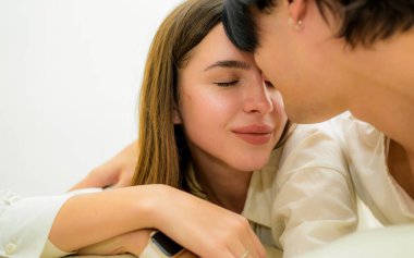 Couple of romantic young people spending time together on weekend at home, Boyfriend and girlfriend portrait, Vintage style photo