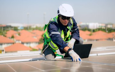 Professional engineer technician with safety helmet checking system. High quality photo