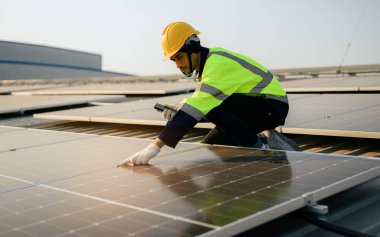 Professional engineer technician with safety helmet checking system. High quality photo