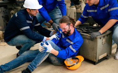 Engineer worker with accident at factory, Worker with injury from machine working