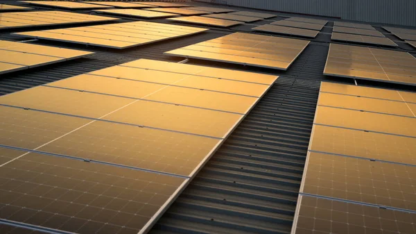 Сонячна Електростанція Сонячні Панелі Заходом Сонця Ввечері Сонячна Енергія Теплим — стокове фото