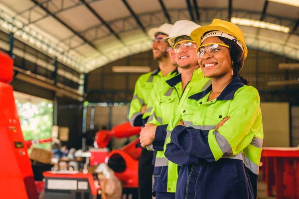 Group Confident Engineers Workers Smiling Standing Manufacturing Factory — Stock fotografie