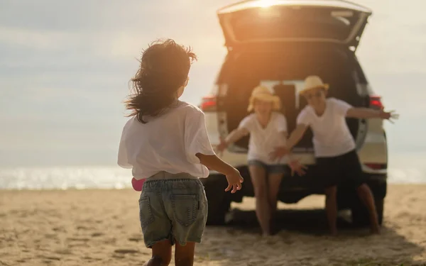 Happy family travel on beach, Family with car travel, People driving car road trip on summer, Happy family having fun on beach, Family travel on summer vacation