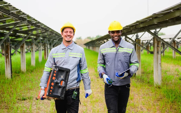 Професійний Інженер Який Перевіряє Підтримує Сонячні Панелі Фермі Сонячних Батарей — стокове фото