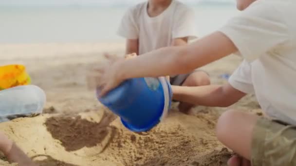 快乐的孩子在沙滩上一起玩沙子 快乐的孩子和家人一起去海滩度假 快乐的人们在海滩上玩 快乐的假期 快乐的旅游理念 — 图库视频影像