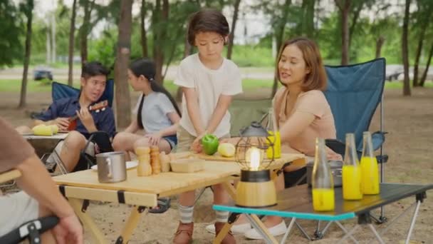 Happy Asian Family Barbecue Party Camping Beach Together Cooking Grilled — Stock video