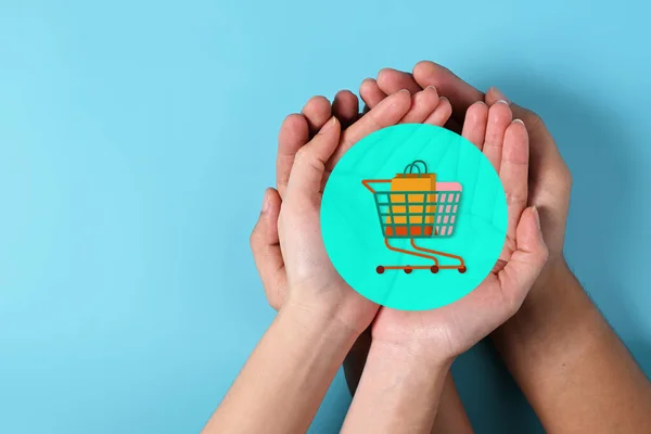 People with shopping icon with blue background, Online grocery shopping concept, Technology of online retail business, Multichannel marketing on social media network platform