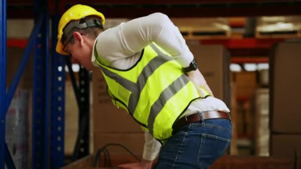 Male Warehouse Engineer Manager Suffering Back Injury Checking Stock Working — Stock Video