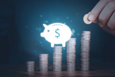 Tasarruf, zenginlik ve finans, büyüme yatırımları, gelir istikrarı, gelecekteki yatırımlar, finans ve bankacılık kavramları için para biriktirme