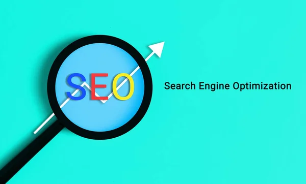 SEO, Search engine optimization ranking, Magnifying glass with arrows, SEO website ranking, Keywords ranking, Traffic and data analysis, Content site map and back link, Ranking traffic and website