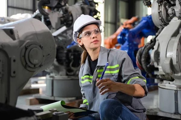 Underhållsingenjör Som Arbetar Med Automatisering Robotmaskiner Fabriken Kvinnlig Tekniker Med — Stockfoto