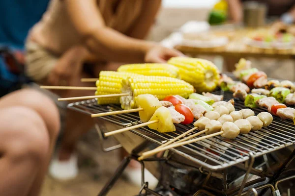 Happy Asian Family Barbecue Party Camping Beach Together Cooking Grilled — Stock Photo, Image