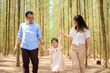 Mutlu bir aile haftasonu parkta yaz tatilinde birlikte eğleniyor, mutlu bir aile babası ve kızı parkta piknik yapıyor, ebeveynler kızlarıyla birlikte doğada seyahat ediyor, mutlu bir aile hayatı sürüyor. 