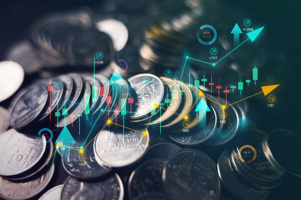 Stack of coins with graph chart growth up, Business marketing, Coins for saving money, Growth investing, Income stability, Saving money for future investments, Financial investment