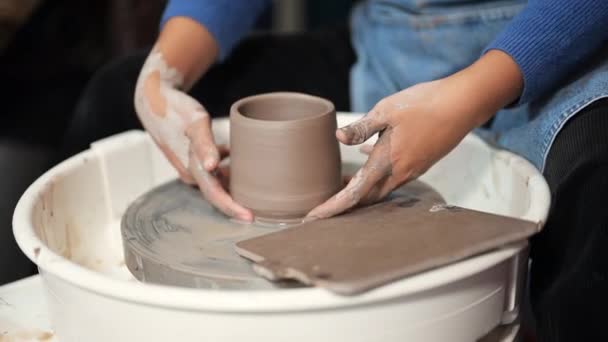 车间制陶轮圈上的专业手工艺者制陶壶 传统工艺 陶瓷创作与艺术 湿粘土装饰工艺及成型壶 — 图库视频影像