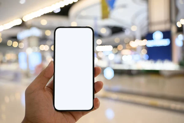 Mobile app advertisement, People showing white empty screen of smart phone, Telephone display mock up, Man recommending useful mobile application, Mockup for text