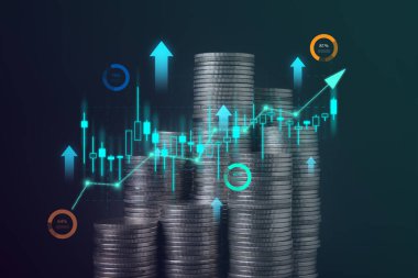 Grafik çizelgesinde büyüme gösteren bozuk para yığını, iş pazarlaması, para biriktirmek için madeni paralar, büyüme yatırımları, gelir istikrarı, gelecek yatırımlar için tasarruf, mali yatırım