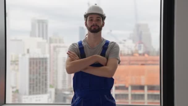 Male Architect Arms Crossed Smiling Posing Camera Portrait Confident Worker — Stock Video