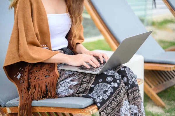 stock image Smiling portrait of businesswoman working outdoor office, Asian woman using laptop at coffee shop, People with technology outside