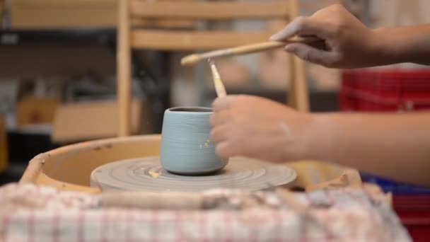 车间制陶轮圈上的专业手工艺者制陶壶 传统工艺 陶瓷创作与艺术 湿粘土装饰工艺及成型壶 — 图库视频影像