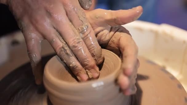 Professional Craftsman Potter Making Jug Potter Wheel Circle Workshop Traditional — Stock Video