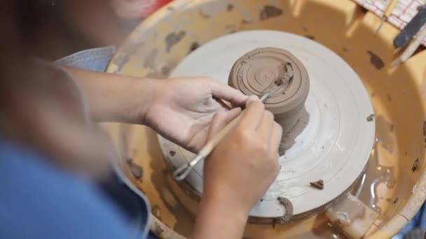 Professional Craftsman Potter Making Jug Potter Wheel Circle Workshop Traditional — Stock Video