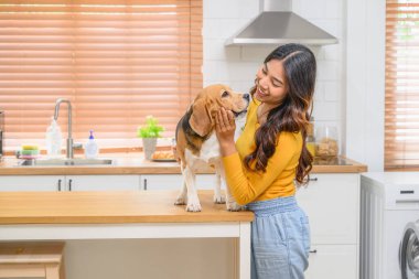 Bir kadın, evinde köpeğiyle, neşeli bir av köpeğiyle dostça bir etkileşim içinde gösterilir. Birlikte oturuyorlar, hafta sonu aktivitelerinin tadını çıkarıyorlar.