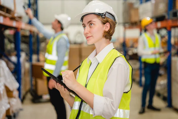 Happy Warehouse Engineer Safety Vest Using Tablet Checking Goods Supplies — Stock Photo, Image