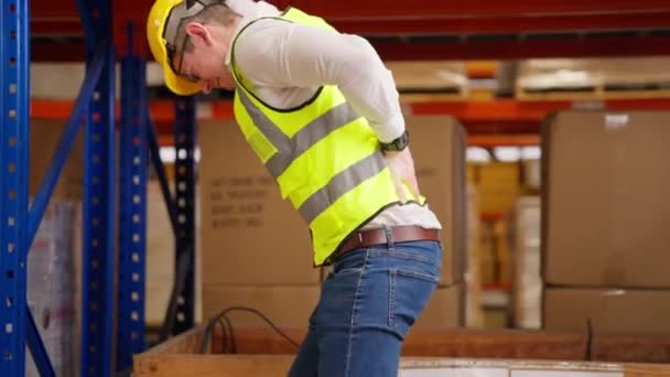 倉庫工場で働く在庫チェック中に背中の怪我に苦しむ男性倉庫エンジニアマネージャー 仕事で背中の痛みを持つストレージワーカー — ストック動画