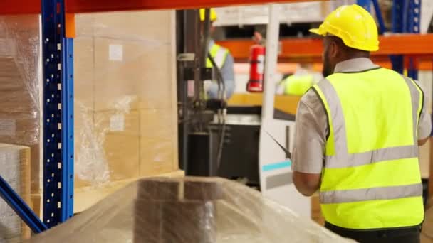 倉庫労働者倉庫内のボックスをチェックし フォークリフトスタッカーローダーで段ボール箱を移動する専門的な倉庫労働者 物流とビジネス輸出の概念 — ストック動画