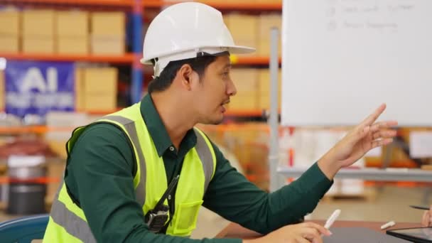 Happy Warehouse Engineers Team Safety Vest Using Tablet Checking Goods — Stock video