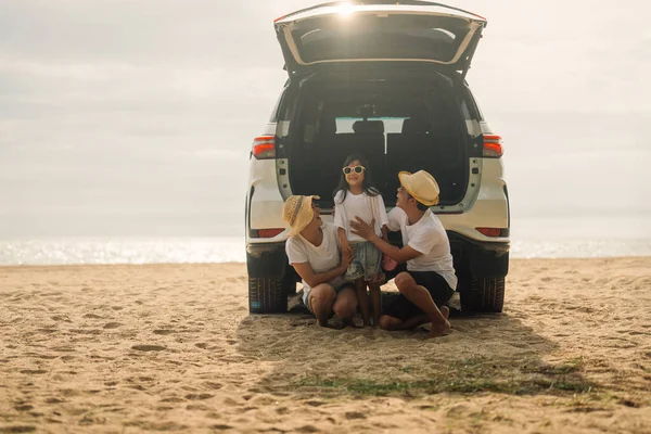 stock image Happy family travel on beach, Family with car road trip at sea on summer, Happy family having fun on beach together, Family travel on summer vacation concept