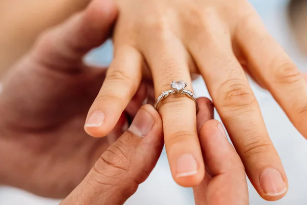Romantic Couple Making Love Promise Ring Each Other Home Happy — Stock Photo, Image
