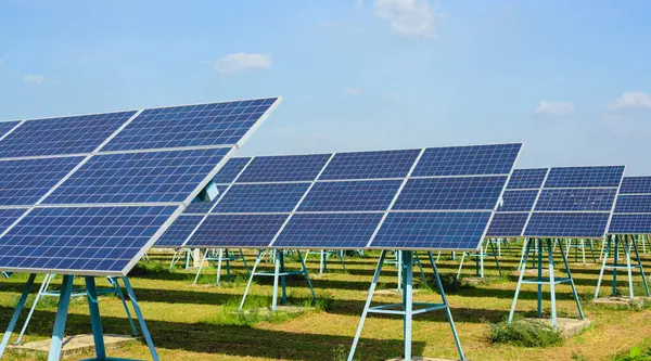 Фотоелектричні Сонячні Панелі Сонцем Полі Сонячних Батарей Чиста Екологічна Електрика — стокове фото